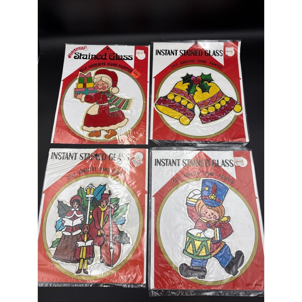 4 VTG NOS Instant Stained Glass Christmas Window‎ Cling Hand Painted Taiwan